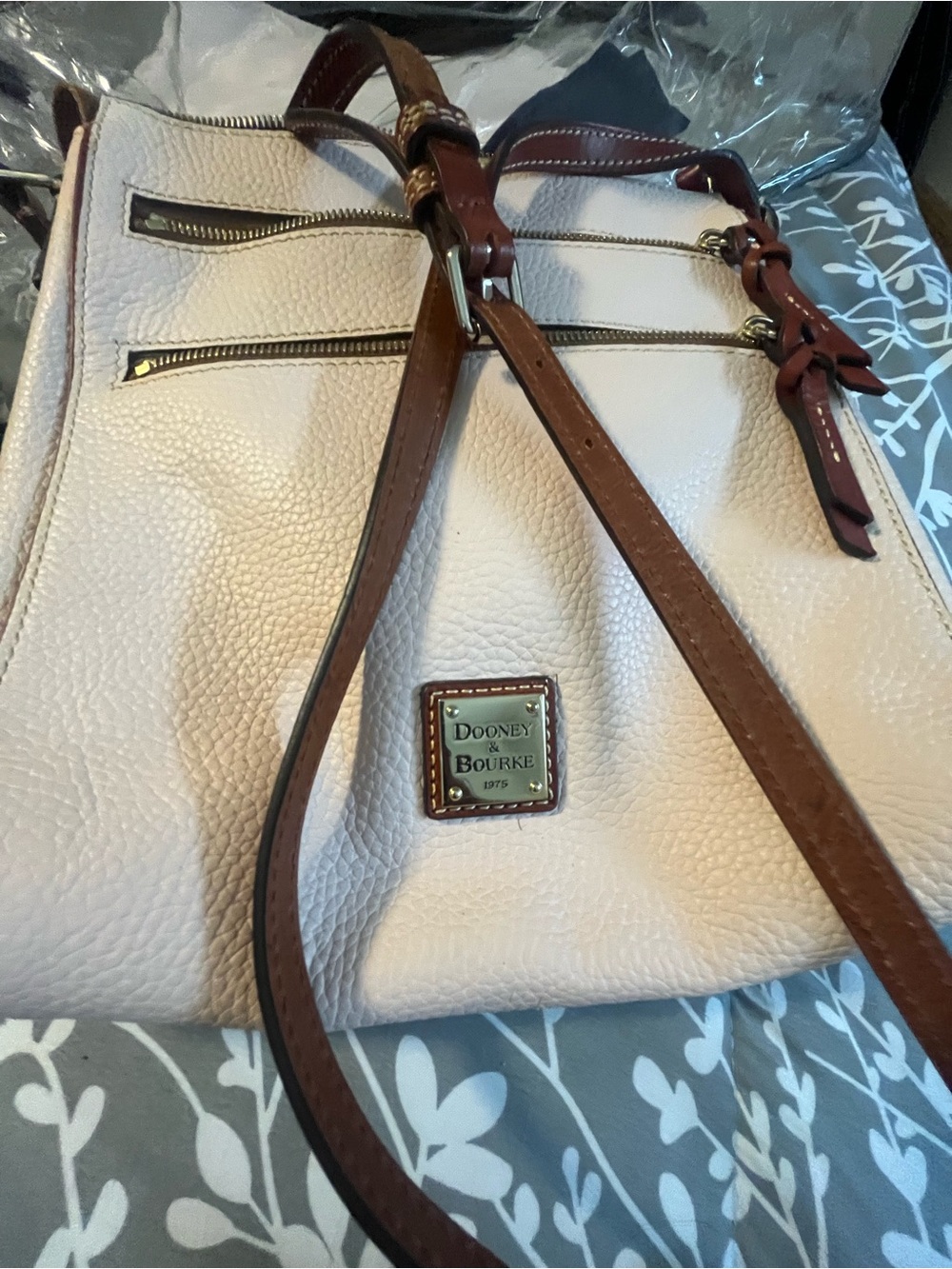Dooney & Bourke Light Pink Pebbled Leather Shoulder Bag with Brown Trim